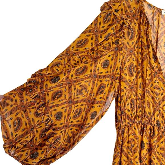 ULLA JOHNSON Aliya Silk Ruffled Long Sleeve Midi Dress Ochre - Picture 6 of 14